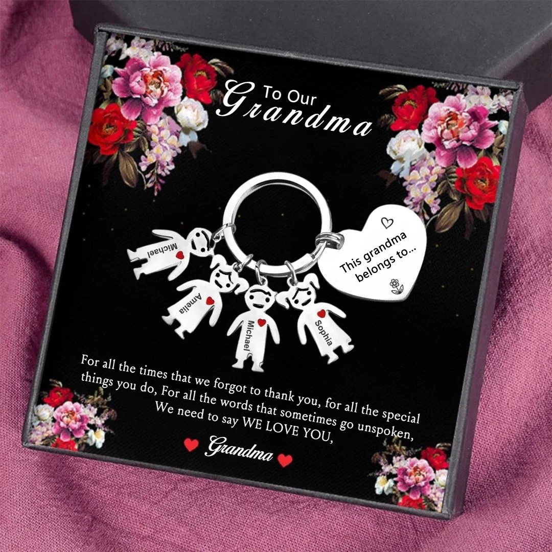 Personalised Keychain with Kid Charm Engraved 4 Names Family Keychain for Grandma-Jessemade AU