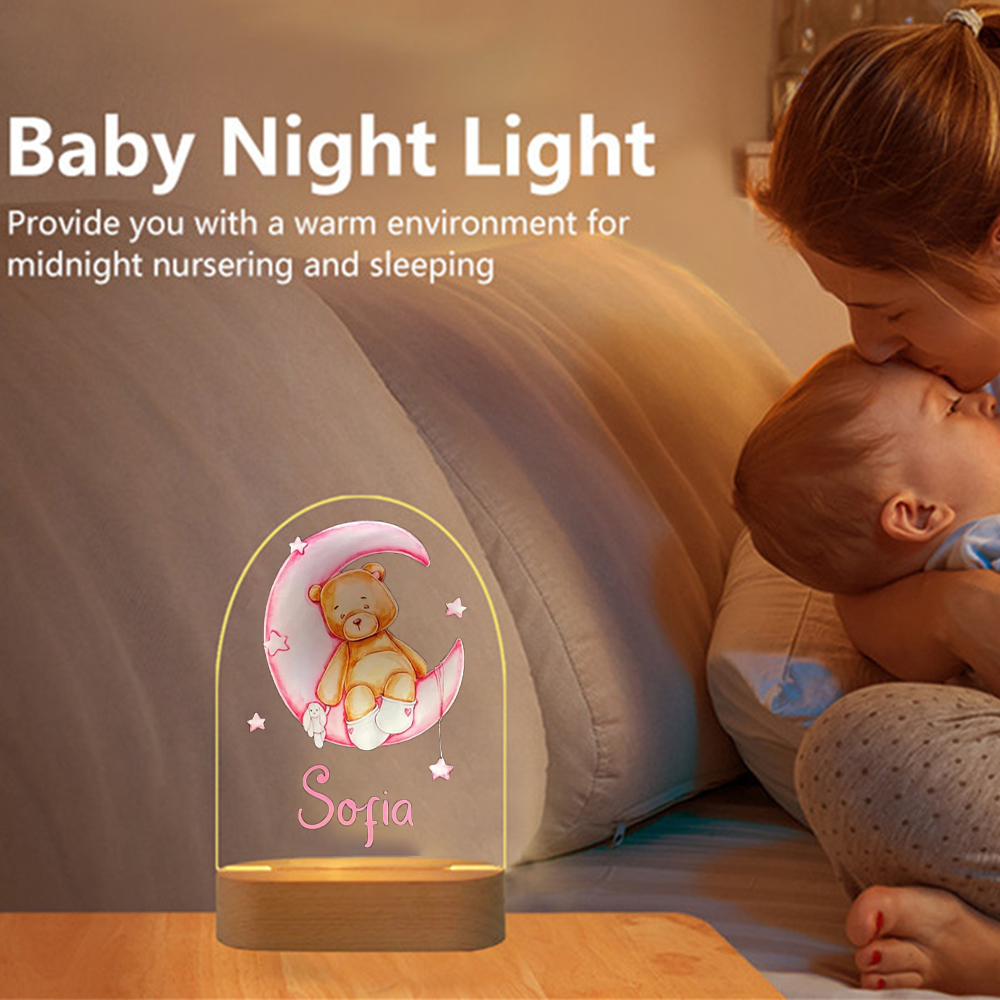 Personalised Bear and Moon Night Light Custom Name LED Lamp Baby Gift for Kids-Jessemade AU