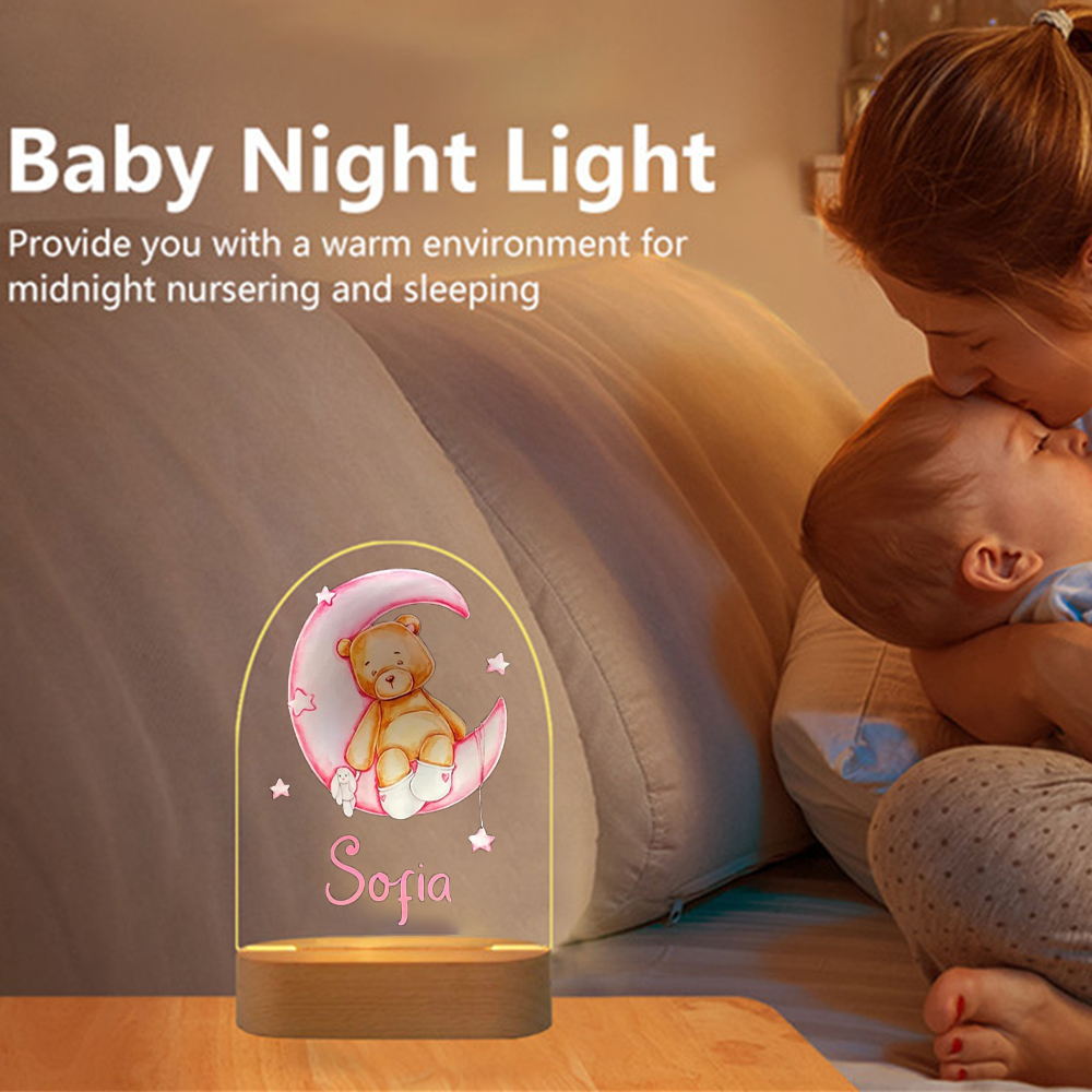 Personalised Bear and Moon Night Light Custom Name LED Lamp Baby Gift for Kids-Jessemade AU