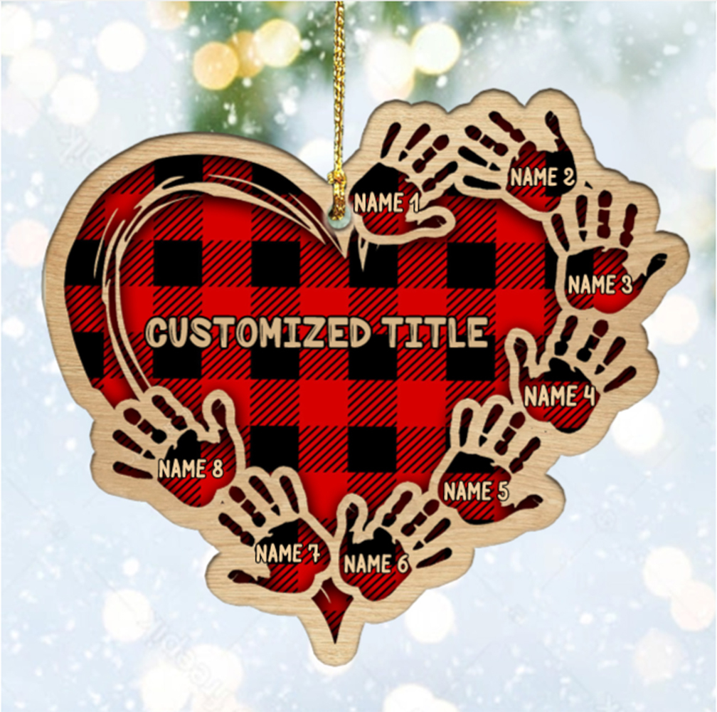 Grandma Mom Heart Hand Print Wood Ornament Custom 8 Names for Family-Jessemade AU