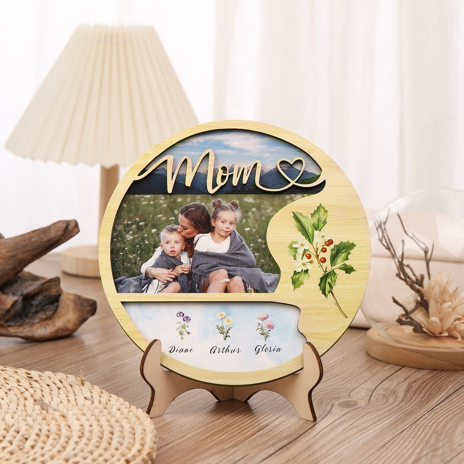 Personalised Photo & Text Wooden Plaque Custom 4 Birth Flowers & 3 Names Wooden Sign With Stand Gifts for Mum/Nana-Jessemade AU