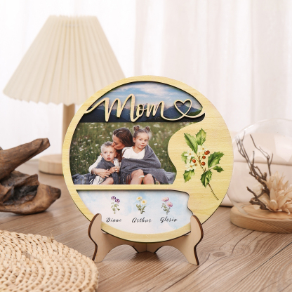 Personalised Photo & Text Wooden Plaque Custom 4 Birth Flowers & 3 Names Wooden Sign With Stand Gifts for Mum/Nana-Jessemade AU
