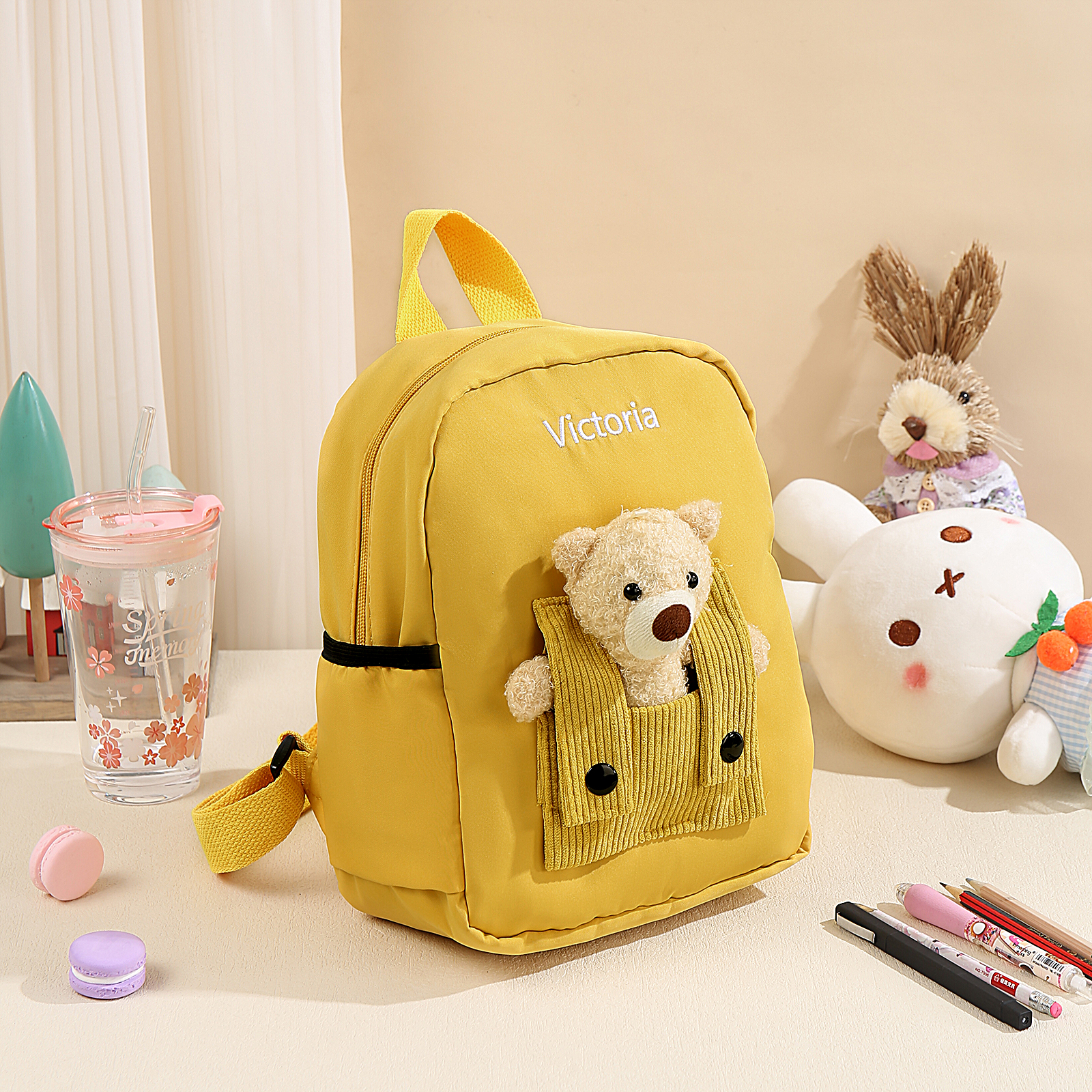 Personalised Bear School Bag Custom Name Canvas Backpack Back To School Gift for Kids-Jessemade AU