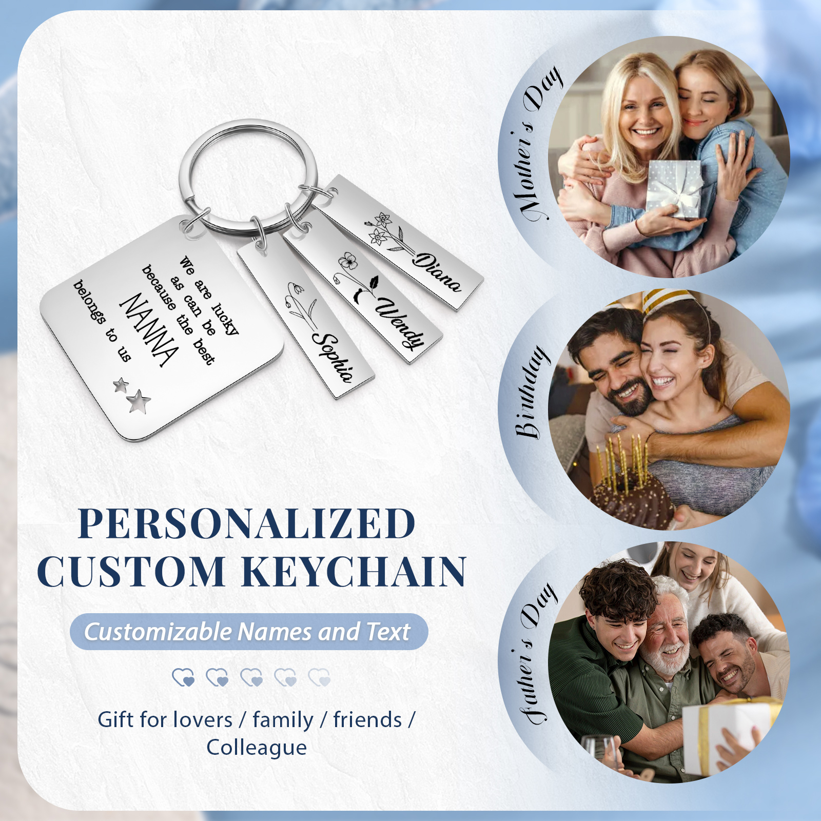 Personalised 3 Names & 3 Birth Flowers Keychain Custom Text Family Keychain Gifts for Mother/Grandma-Jessemade AU