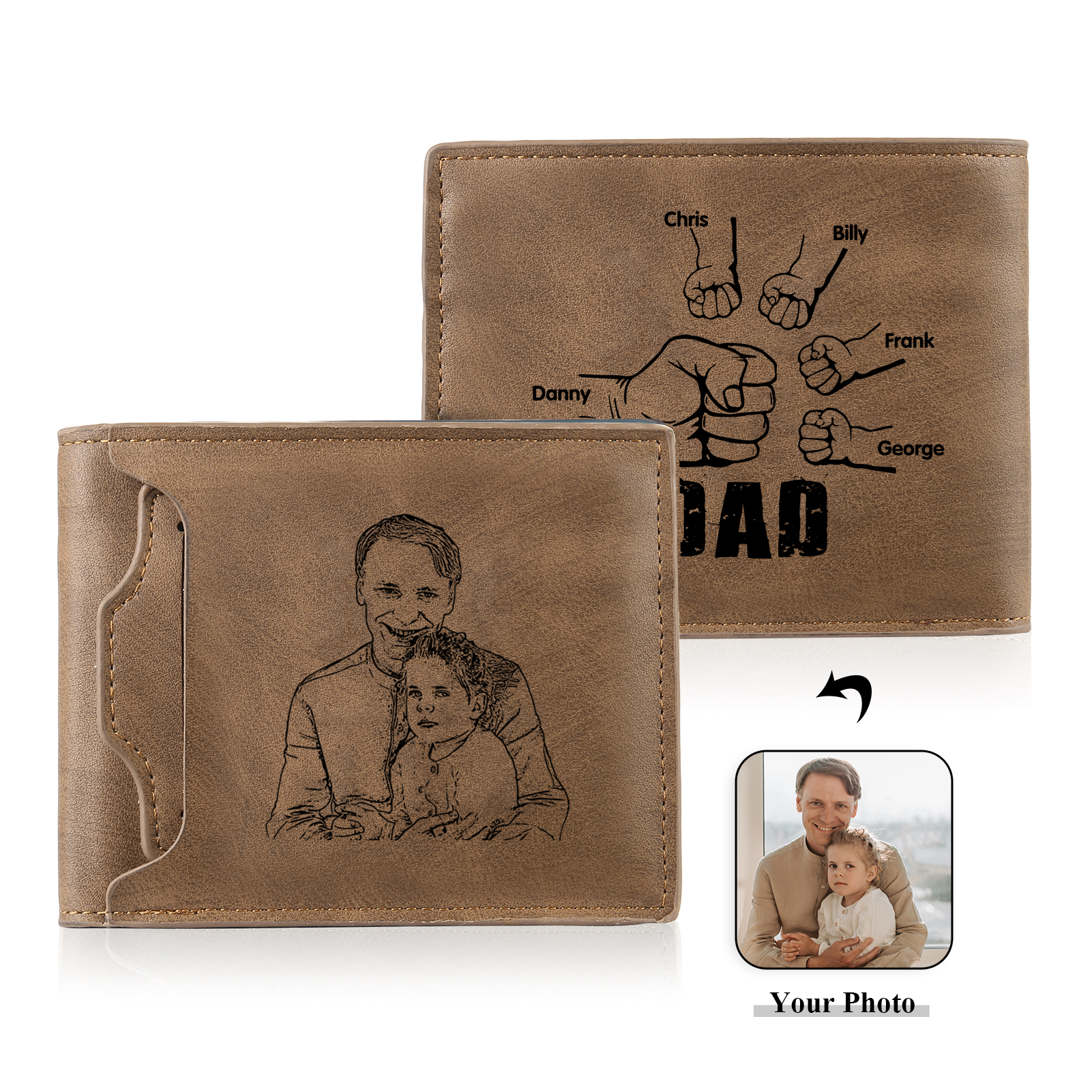 5 Names - Personalised Men Leather Wallet Custom Name & Photo Folding Wallet Fist Bump Wallet Gift for Dad-Jessemade AU