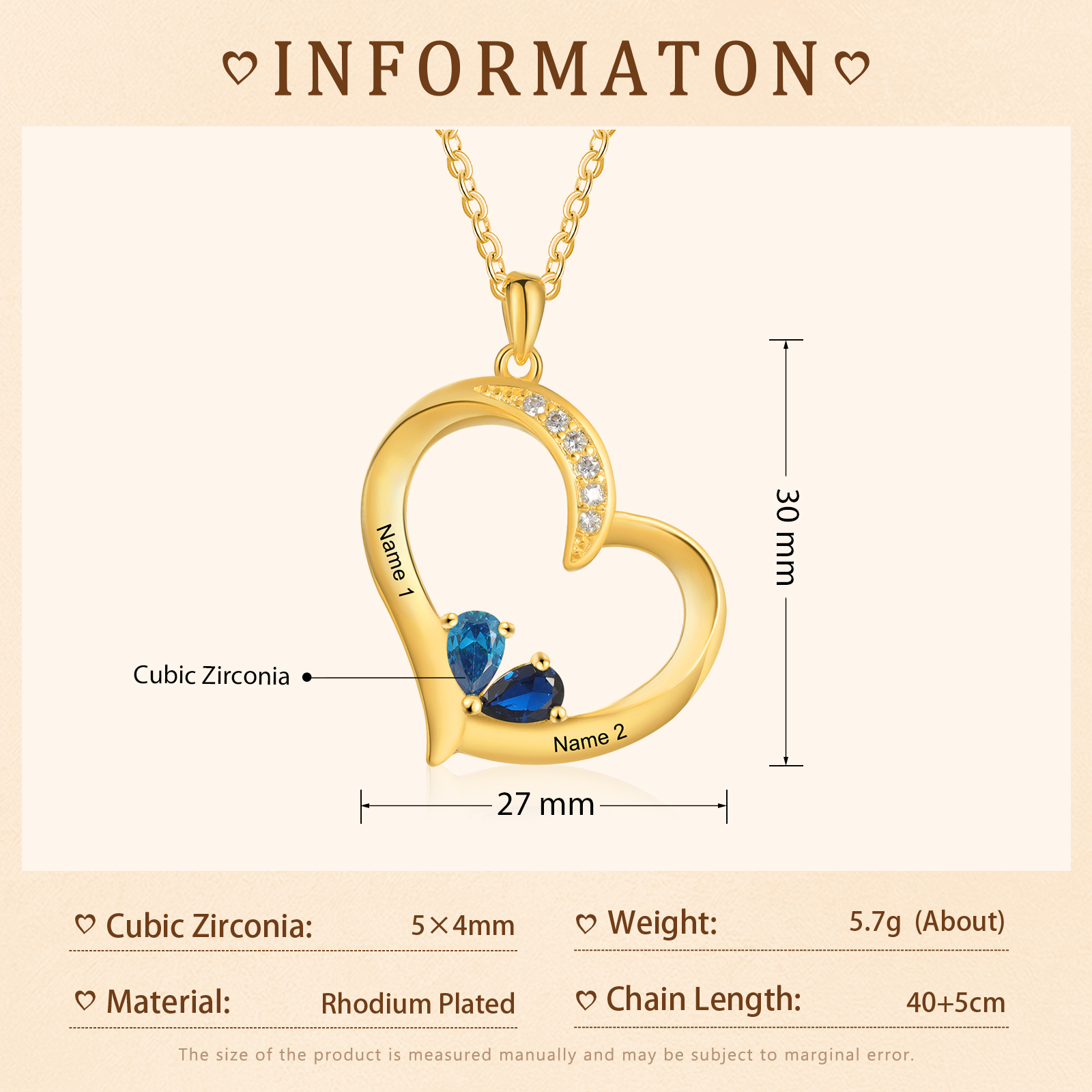 2 Names - Personalised Heart Pendant Necklace Customised Names & Birthstones Necklace Birthday Gift for Her-Jessemade AU