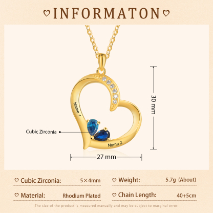 2 Names - Personalised Heart Pendant Necklace Customised Names & Birthstones Necklace Birthday Gift for Her-Jessemade AU