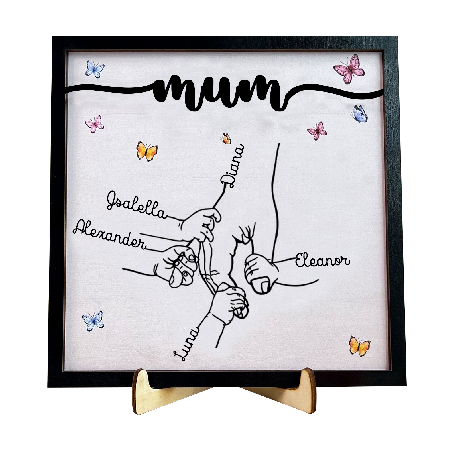 5 Names - Personalised Wooden Plaque Holding Mum's Hand Desktop Decorations Wooden Sign With Stand-Jessemade AU