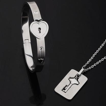 Key to My Heart Couple Key Necklace and Love Lock Bracelet Set-Jessemade AU