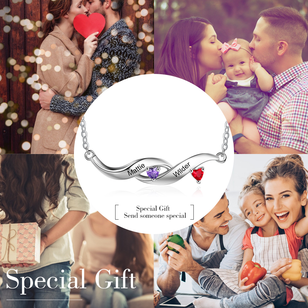 Customised Spiral Cascading Pendant Necklace with 2 Birthstones Engraving 2 Names Gifts for Her-Jessemade AU