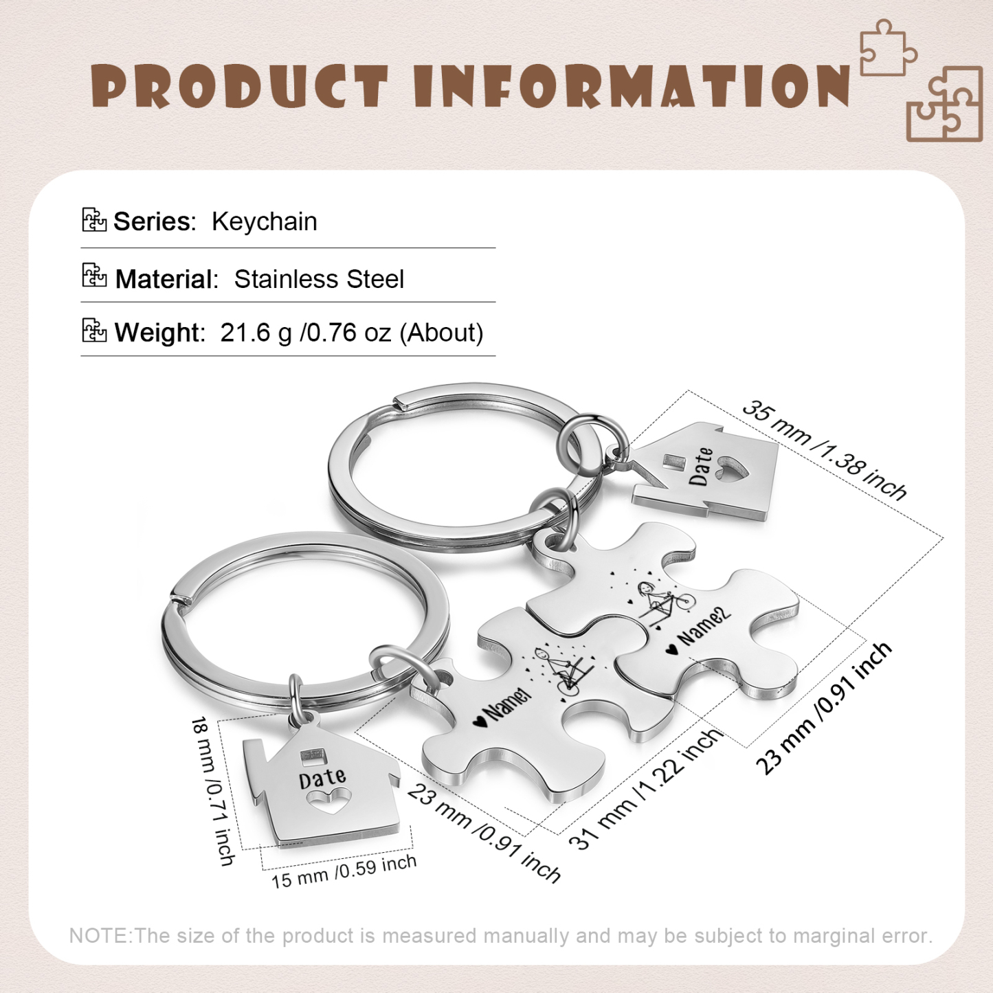 2 PCS Couple Keychain Set Custom 2 Names & Date Keyring Puzzle Keychains Valentine's Day Personalised Gift for Him/Her-Jessemade AU
