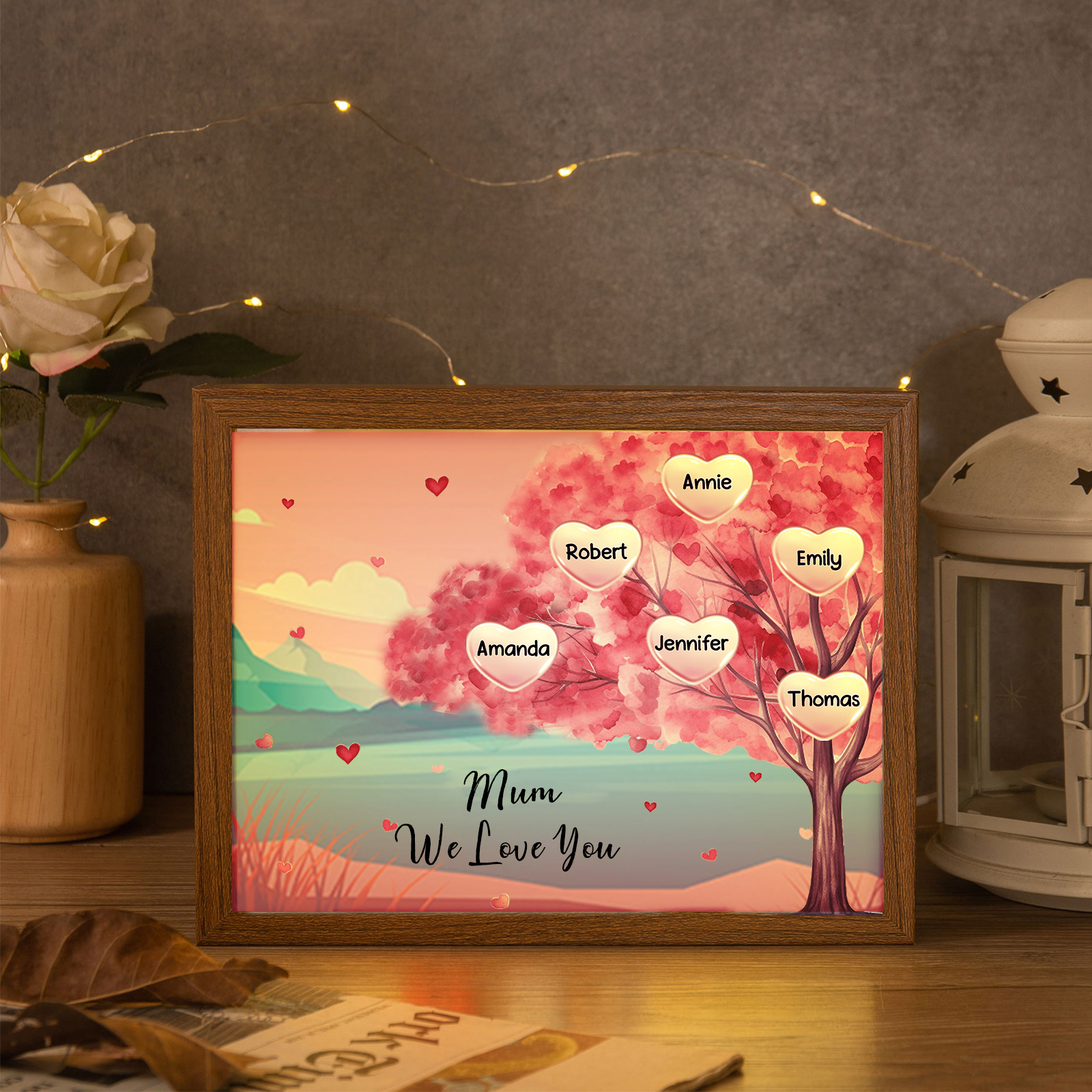 Personalised Frame Night Light Custom 1 Text & 6 Names Pink Family Tree Ornament Gifts for Mother/Grandma-Jessemade AU
