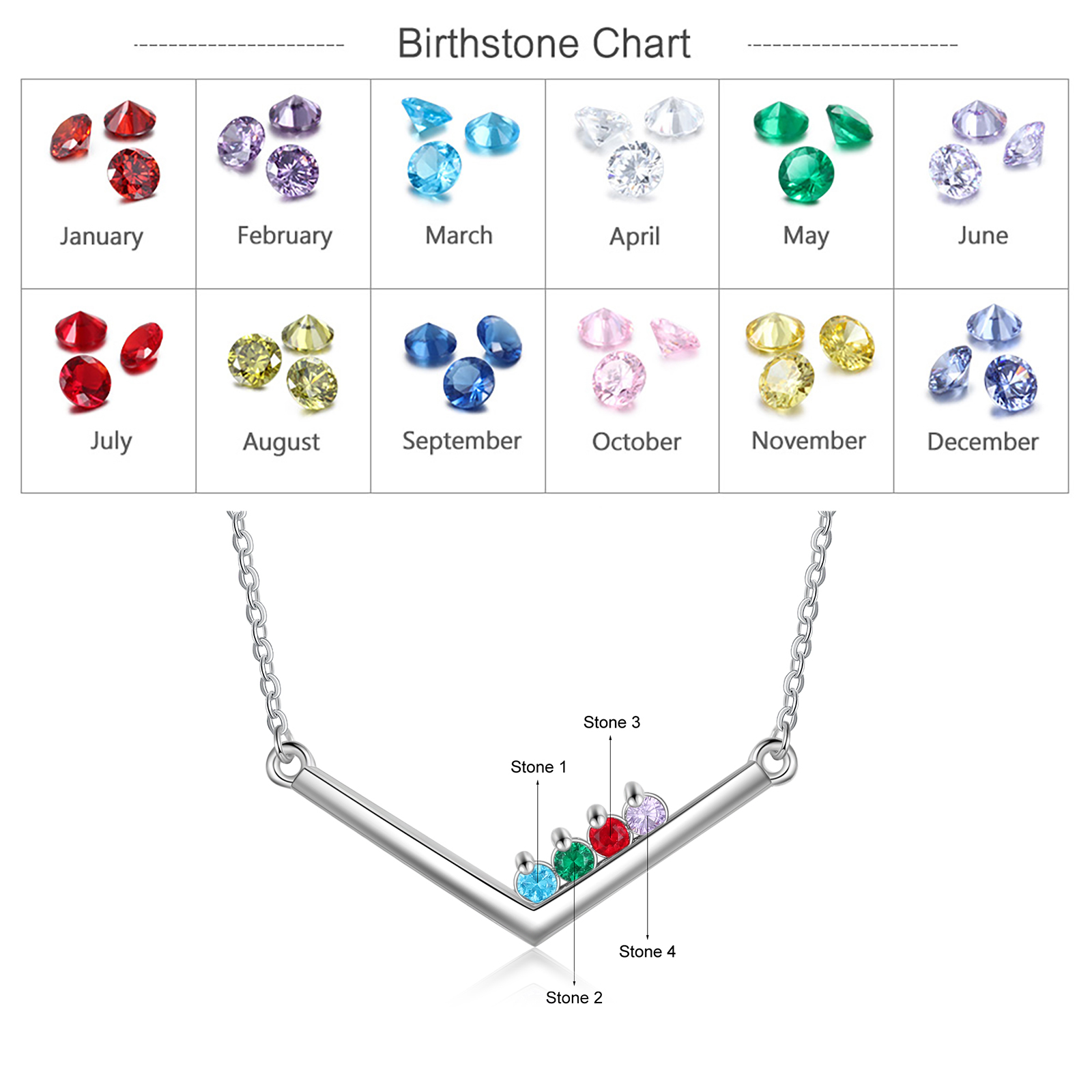 V Shape Necklace with Family Birthstone Personalised 4 Stones Family Necklace For Her-Jessemade AU