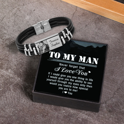 Personalised Leather Bracelet Custom Photo Initial ID Bar Men's Bracelet Bangle Gifts For Him-Jessemade AU