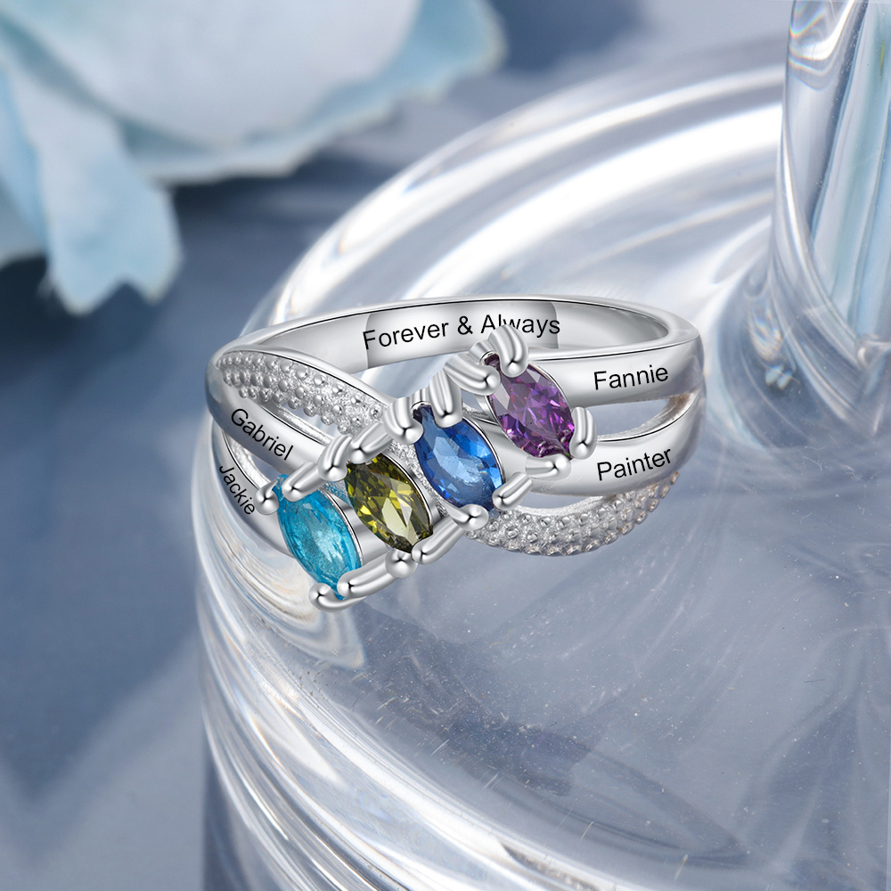 Mother's Day Family Ring Personalised 4 Birthstones Ring With Names Gifts for Her-Jessemade AU