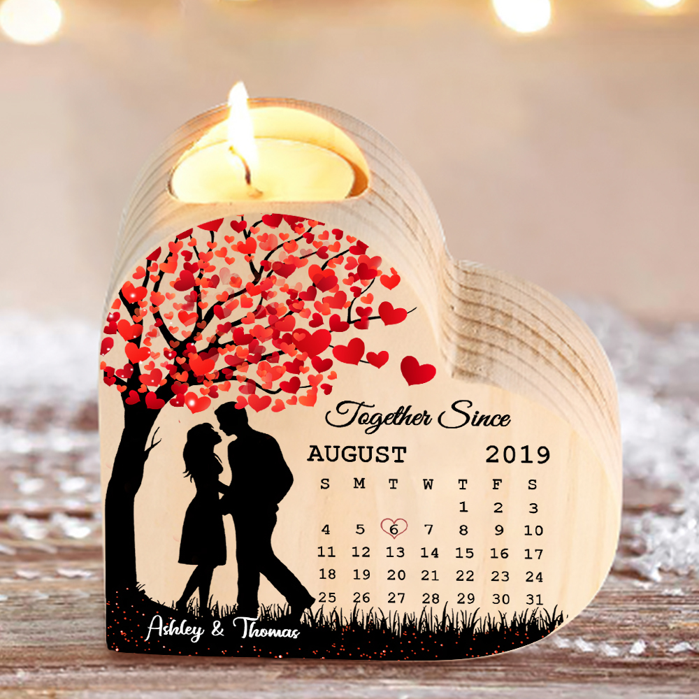 Wooden Couple Candle Holder Custom 2 Names & Date & Text Candlesticks Calendar Valentine's Day Gifts for Couples-Jessemade AU