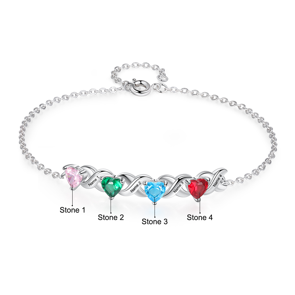 Family Custom Bracelet Heart Personalised with 4 Birthstones Gift Box Set-Jessemade AU