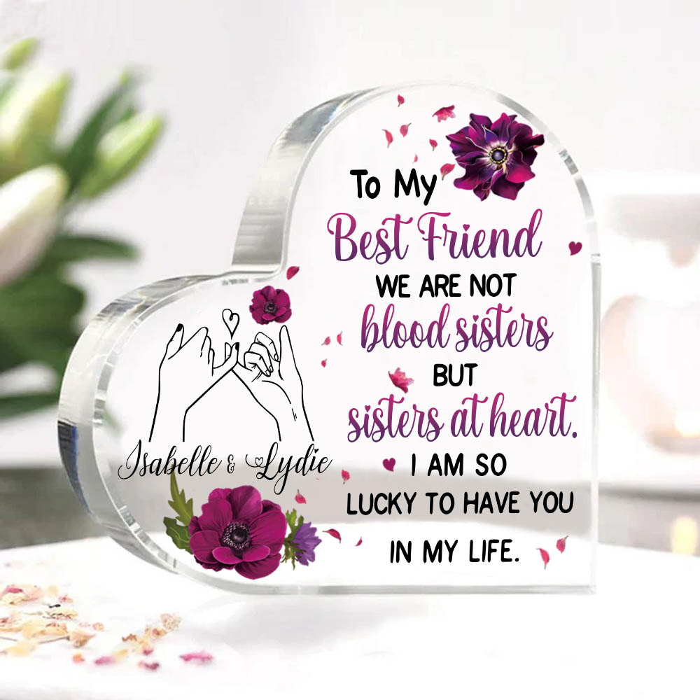 To My Best Friend Acrylic Heart Keepsake Customised 2 Names Violets Ornament "We Are Not Blood Sisters But Sisters At Heart" Gift For Her-Jessemade AU