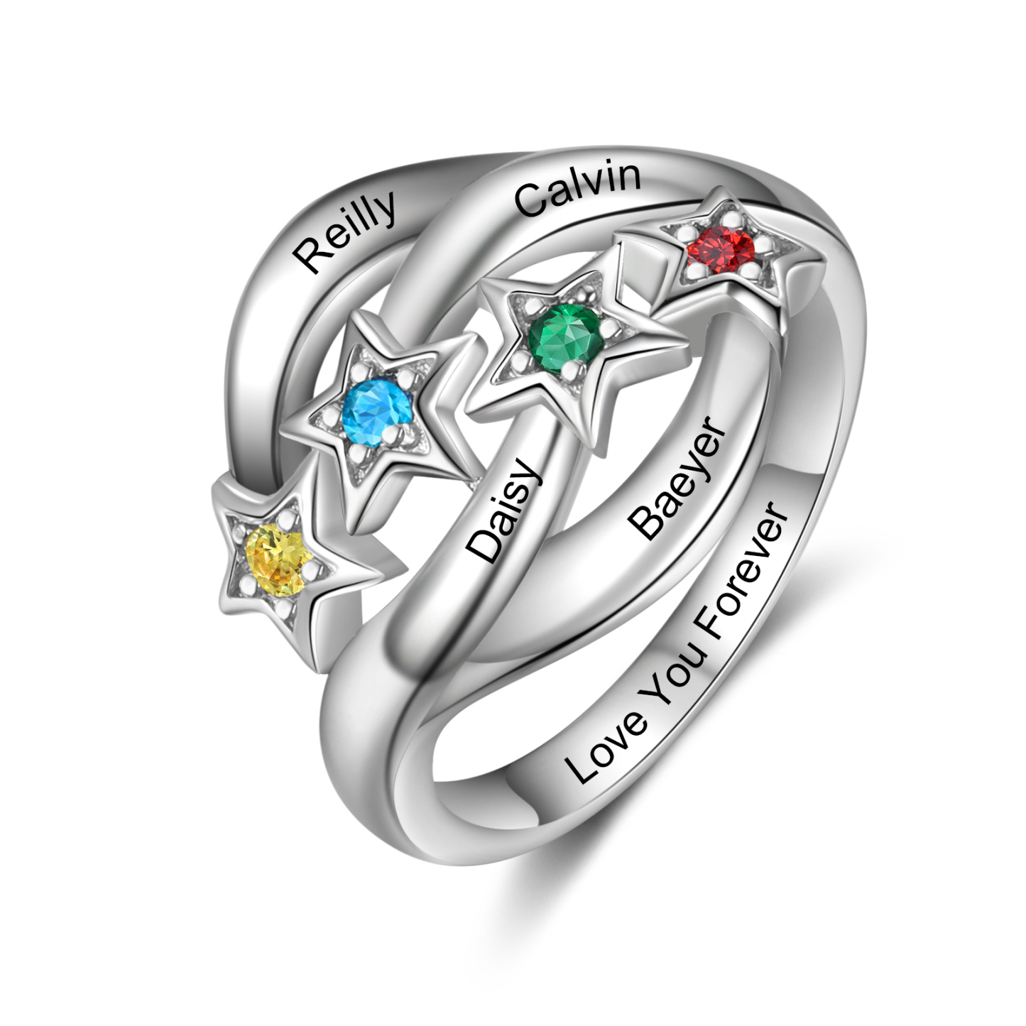 Personalised Star Ring With 4 Birthstones Engraved Names Ring Gift For Women-Jessemade AU