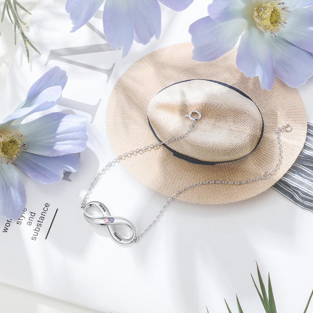 Infinity 925 Sterling Silver Heart 2 Birthstones Bracelet-Jessemade AU