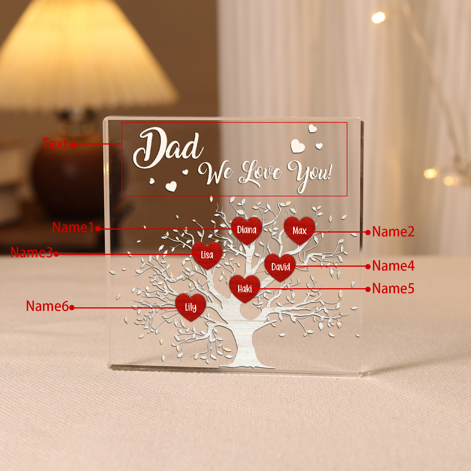Personalised 6 Names & 1 Text Acrylic Square Keepsake Family Tree Rectangle Plaque Father's Day Gifts for Dad/Mom-Jessemade AU