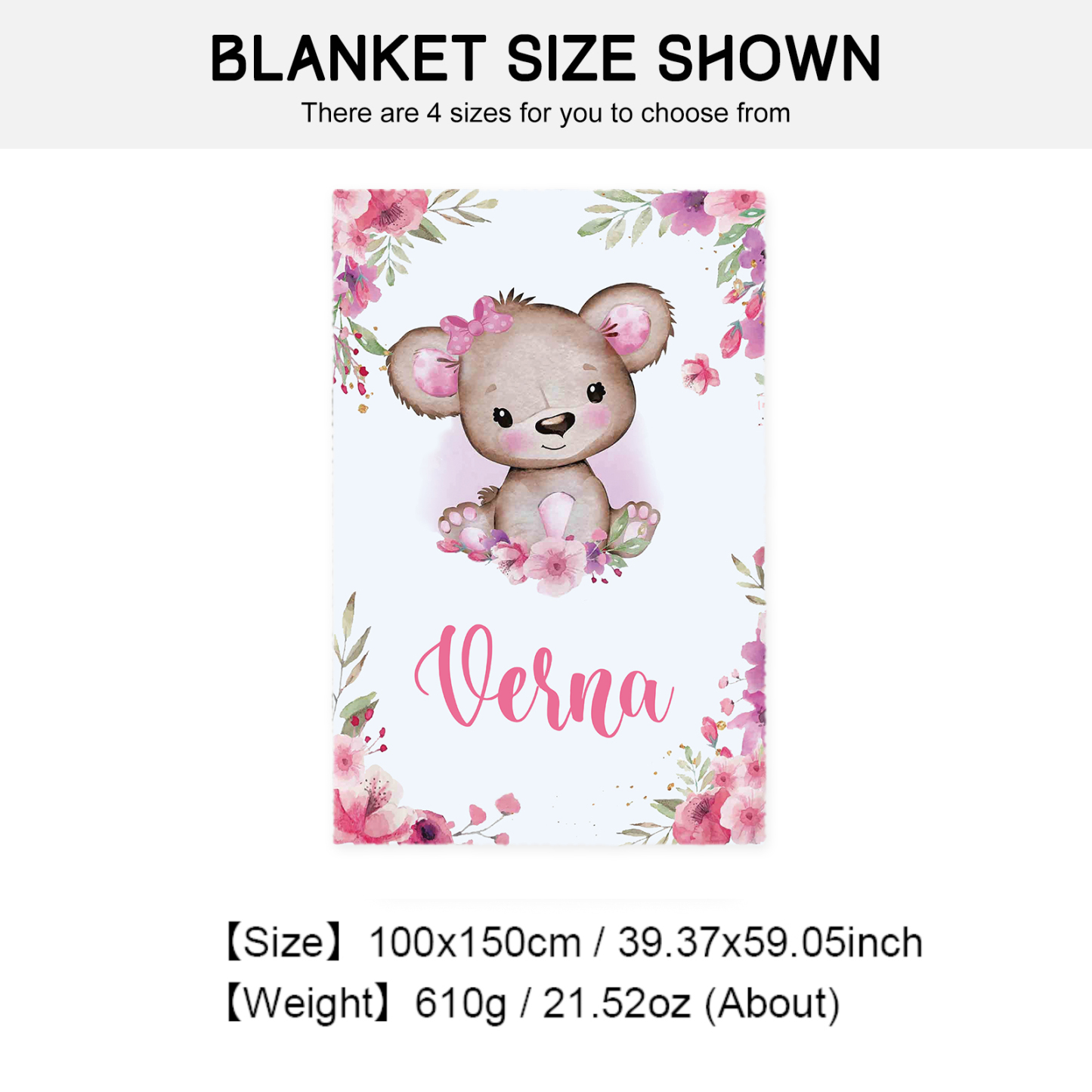 Personalised Pink Bear Blanket Custom Name Cute Cartoon Blanket-Jessemade AU