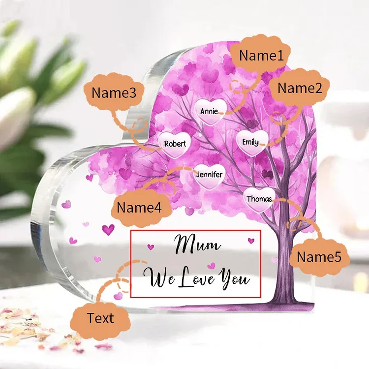 5 Names - Personalised Acrylic Heart Keepsake Custom Text Purple Tree Ornaments Gifts for Grandma/Mother-Jessemade AU