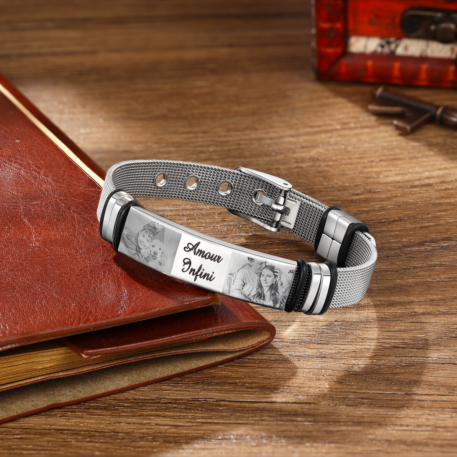 Personalised ID Bar Bracelet Engraved 2 Photos Men Women Bracelet-Jessemade AU