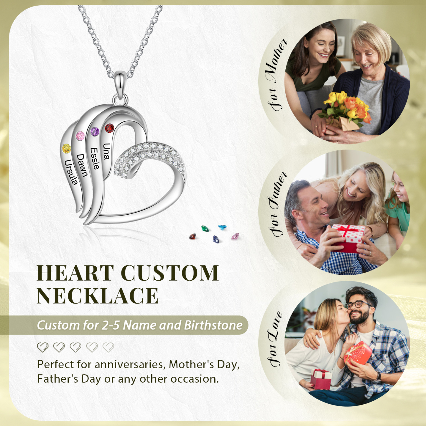 Personalised Heart Pendant Necklace Custom 4 Birthstones Engraved 4 Names Necklace Gift for Her-Jessemade AU