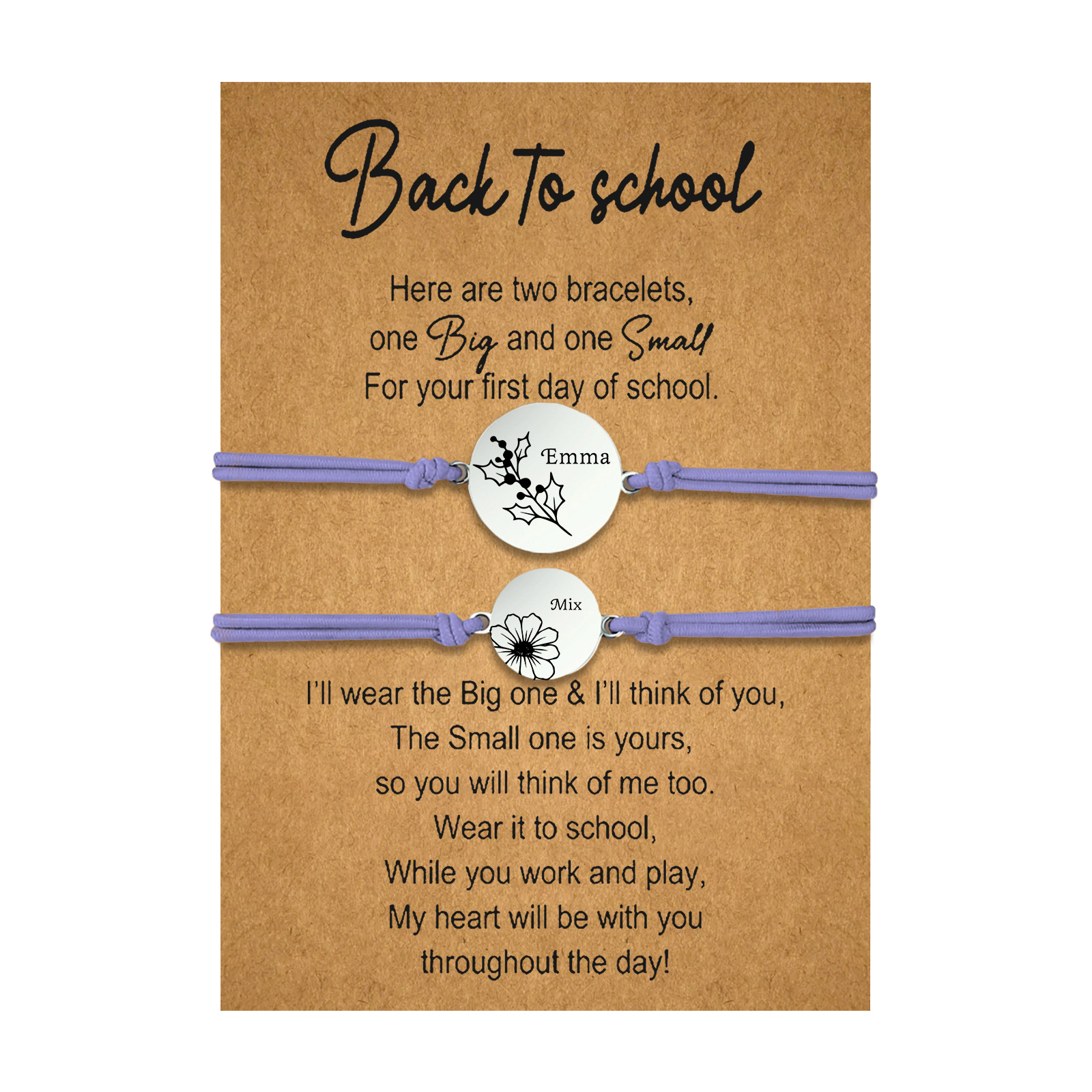 2 Pcs Bracelet Set Personalised Names & Birth Flowers Adjustable Bracelets with Message Card Back to School Gifts for Daughters-Jessemade AU