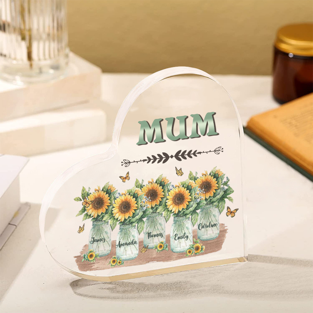 Personalised Acrylic Heart Keepsake Custom 5 Names & 1 Text Sunflower Vase Ornament Gifts for Mother/Grandma-Jessemade AU