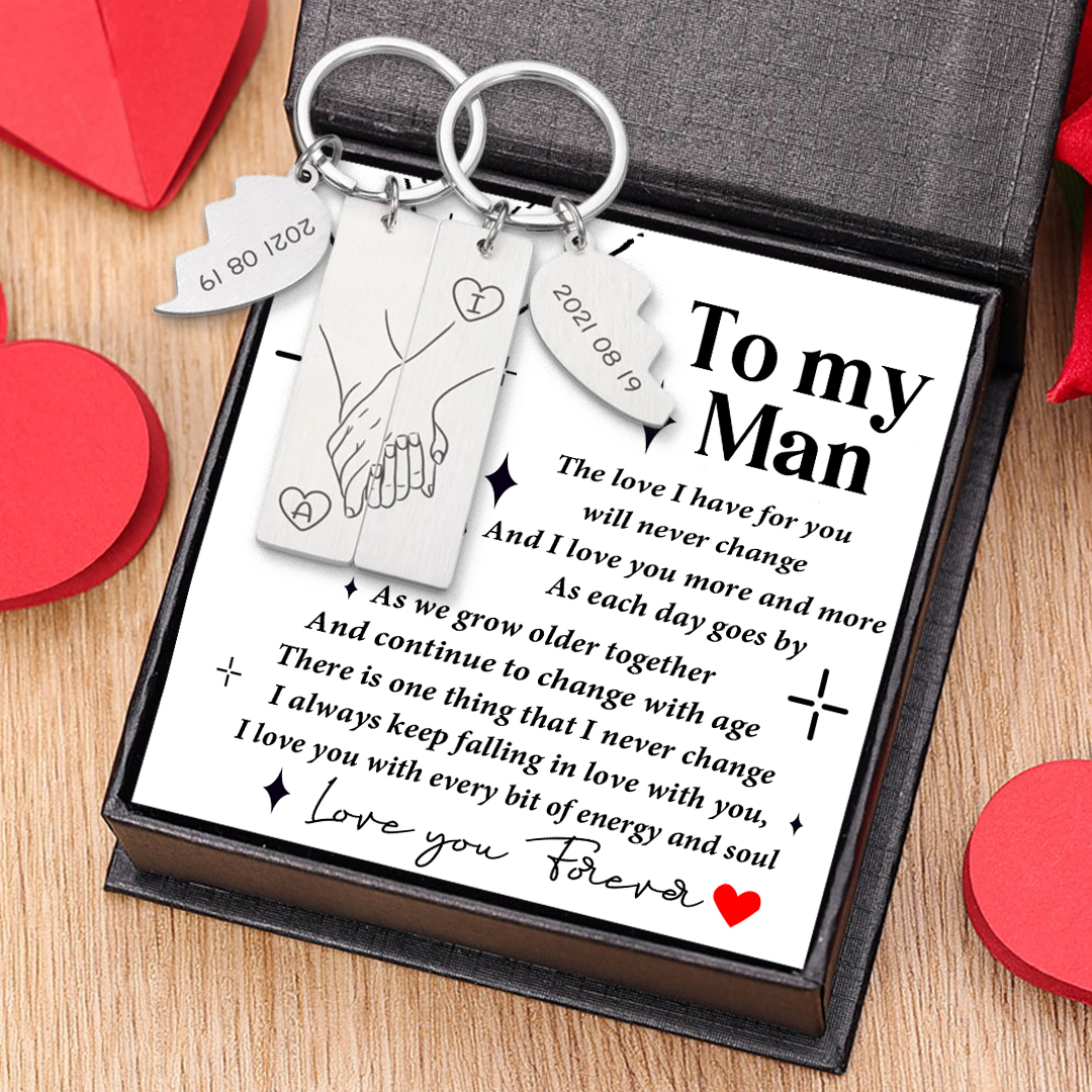To My Man/My Love Keychain Hand in Hand Couple Keychain Set Personalised Date Initial Heart Matching Keyring Couple Gifts