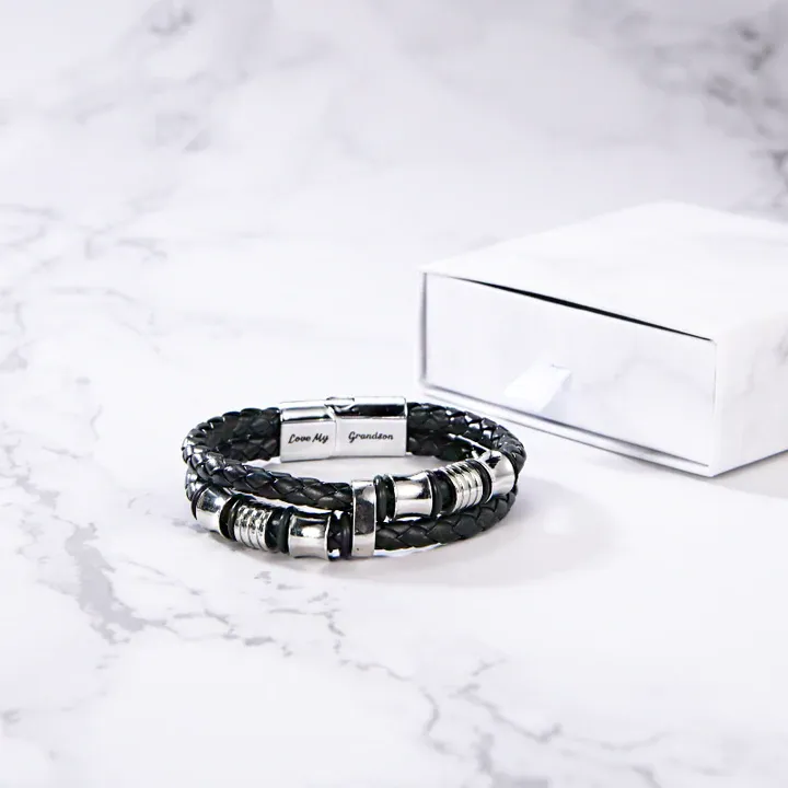 To My Grandson, Inspirational Leather Bracelet Bangle with Message Card Gifts For Him-Jessemade AU