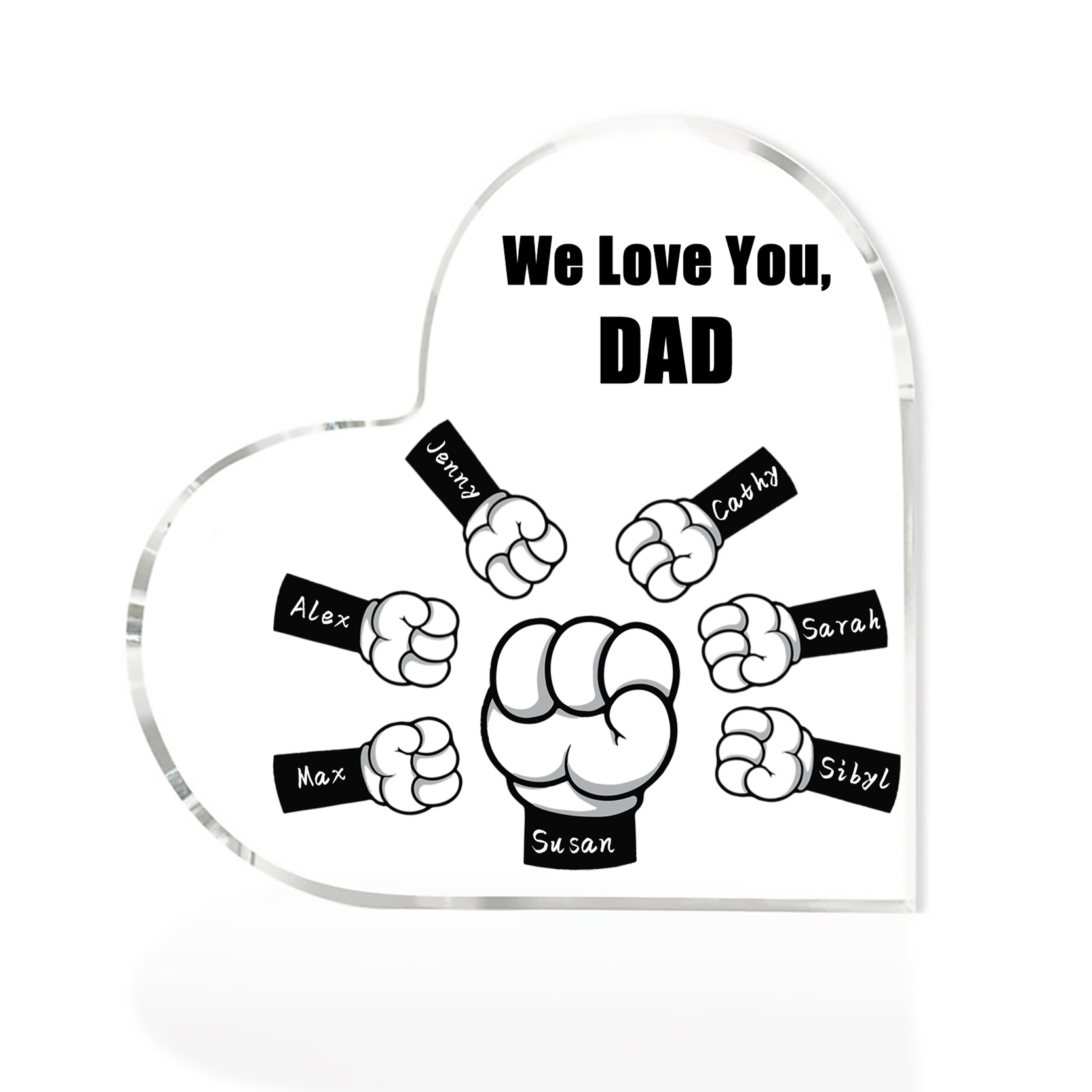 Personalised Acrylic Heart Keepsake Custom 7 Names & 1 Text Fist Bump Ornaments Gifts for Dad/Grandpa-Jessemade AU