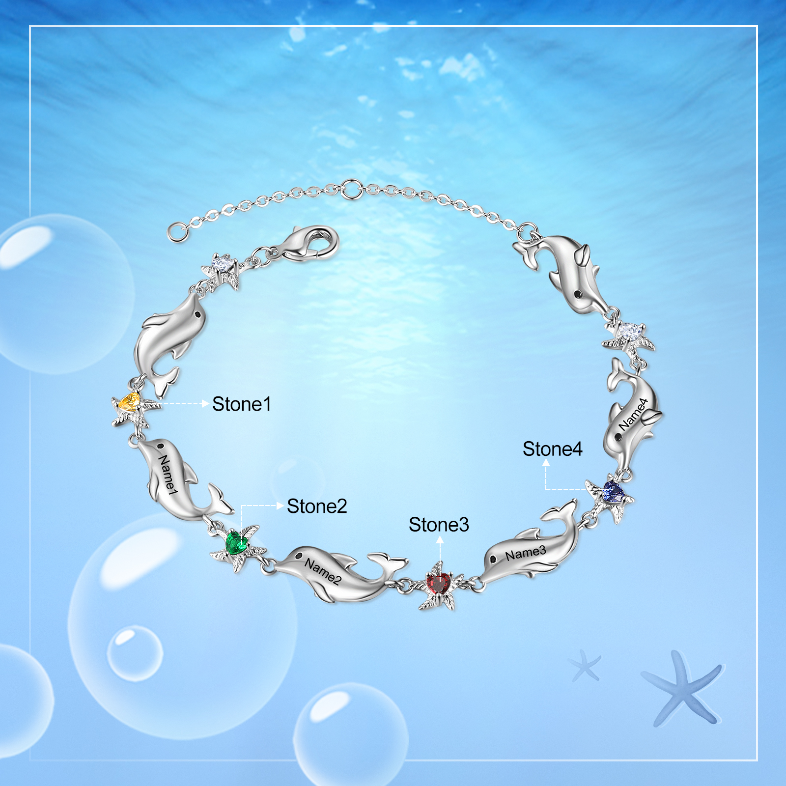 Animal Bracelet Personalised Dolphin Bracelet With 4 Birthstones Engraved Names Starfish Charm Gifts For Her-Jessemade AU