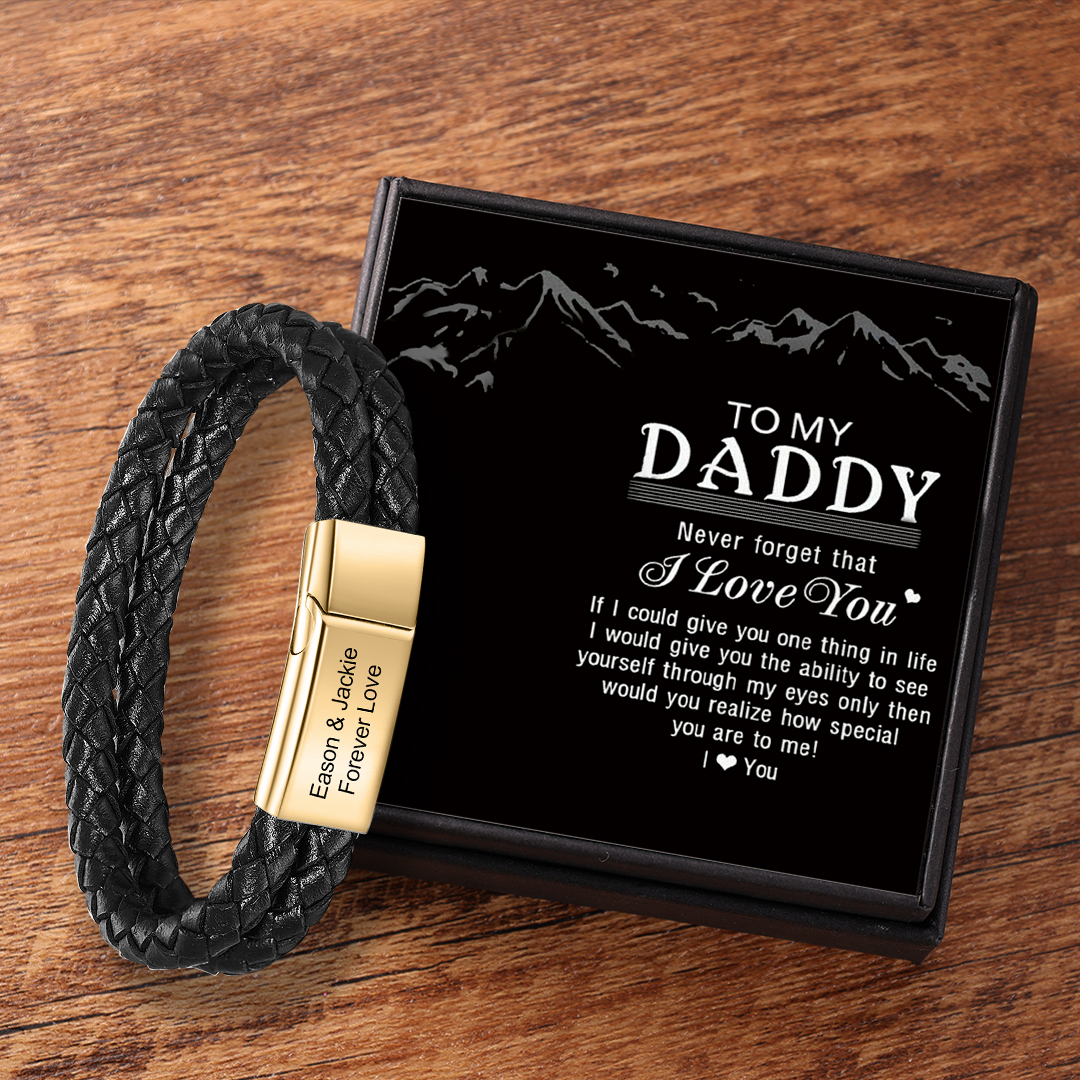 Men Leather Bracelet Engraved Bar Name Bracelet Valentine's Day Gift For Him-Jessemade AU