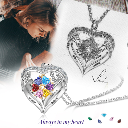 Personalised Wings Necklace With 6 Heart Birthstones Engraved Names Gift For Women-Jessemade AU