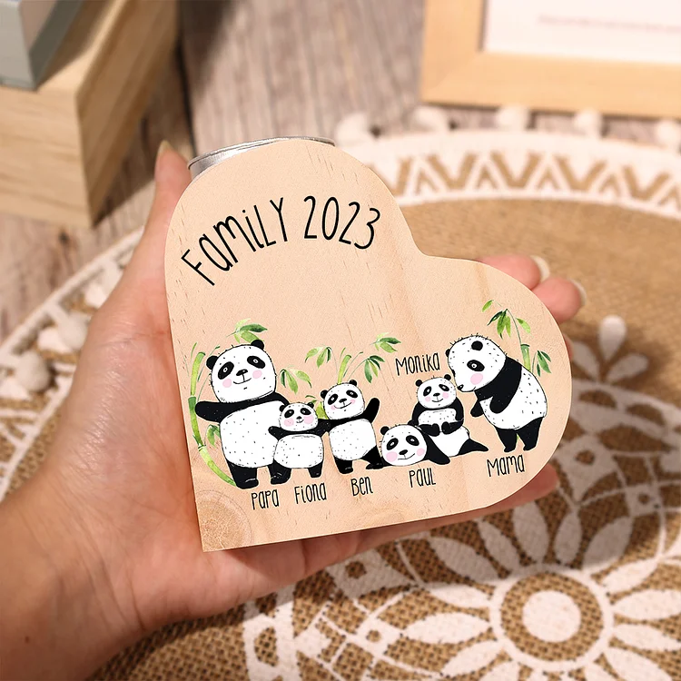 Family Panda Heart Candle Holder Personalised Wooden Candlestick Custom 6 Names-Jessemade AU
