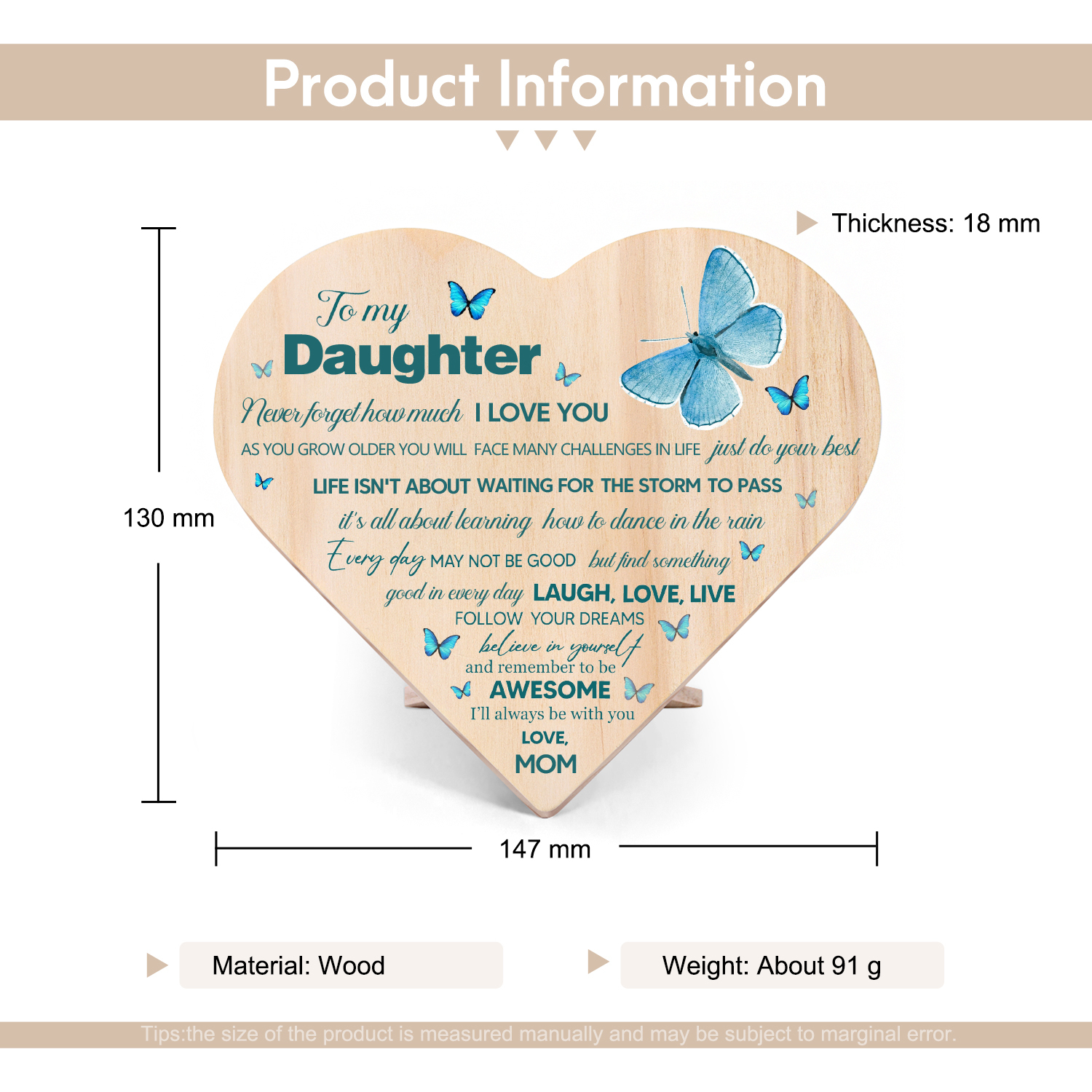 To My Daughter Wooden Heart Keepsake Desktop Ornament-Never Forget That How Much I Love You-Jessemade AU