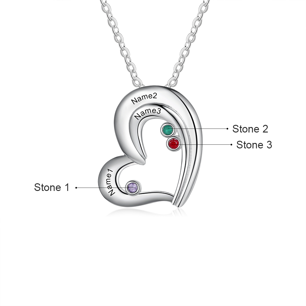 Personalised Heart Necklace With 3 Birthstones Engraved Names Gift For Her-Jessemade AU