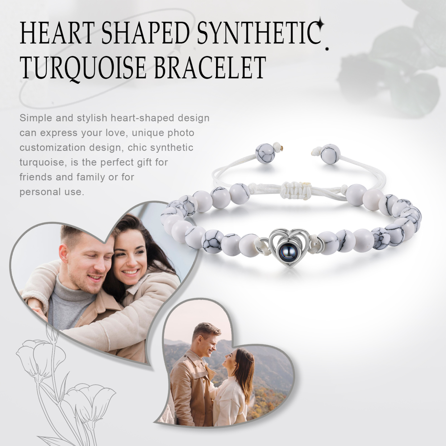 Personalised Projection Beaded Bracelet Customised Photo Bracelet White Adjustable Bracelet Personalised Gift for Couples-Jessemade AU