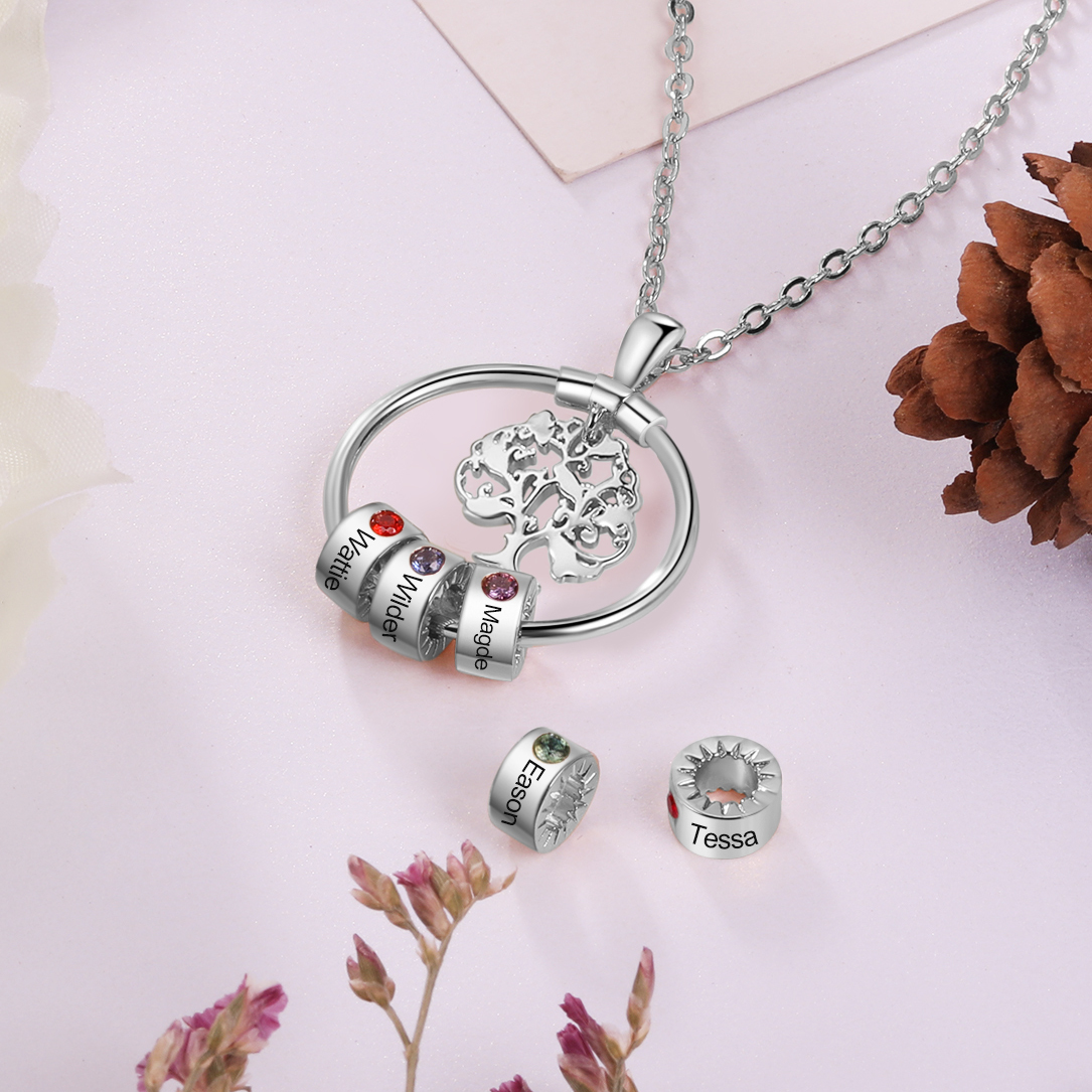 Personalised Family Tree Necklace With 4 Birthstones Engraved Names Gift For Mother-Jessemade AU