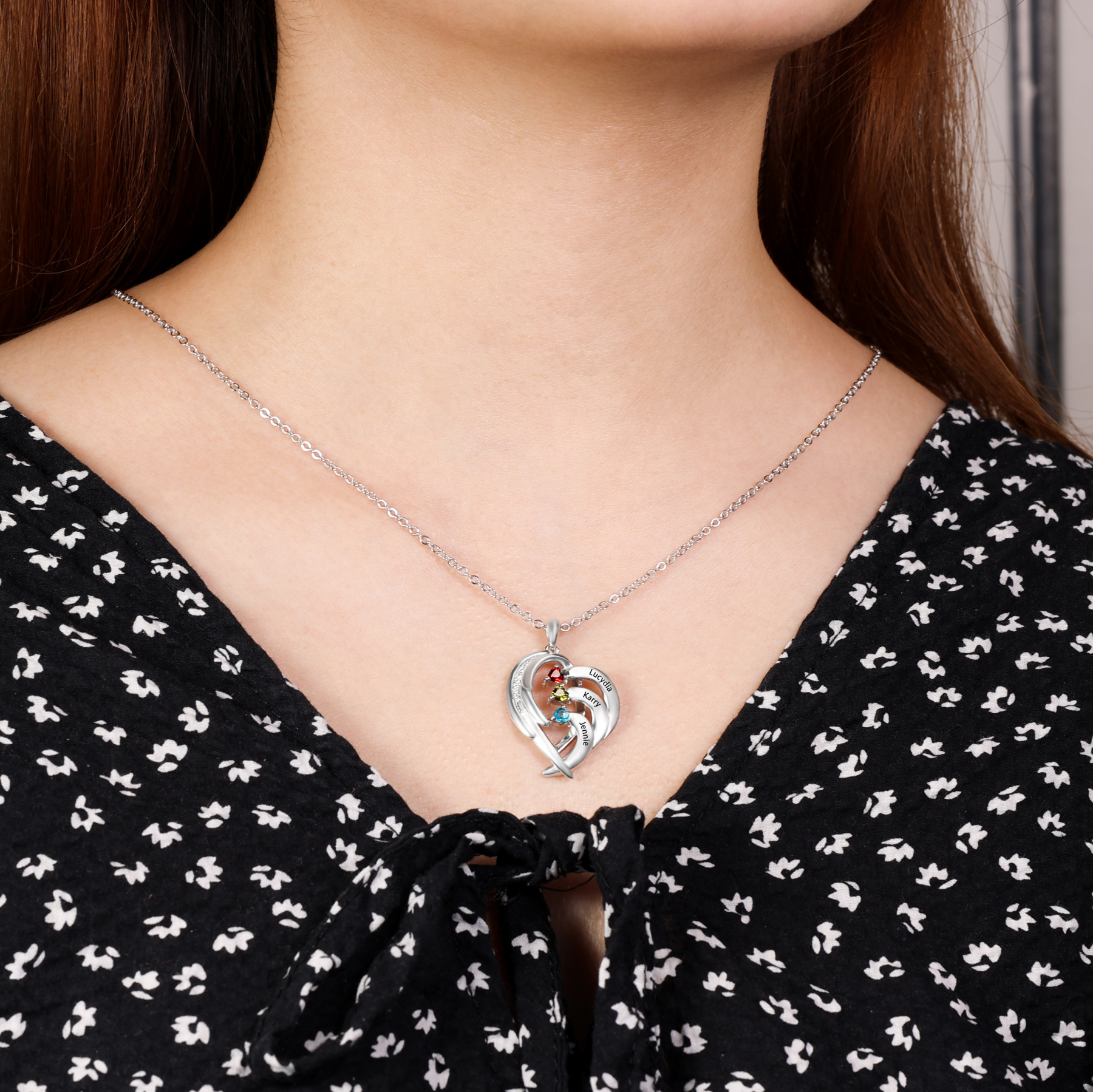 Personalised Heart Wings Necklace With 2 Birthstones Custom Names Necklace Gift For Her-Jessemade AU