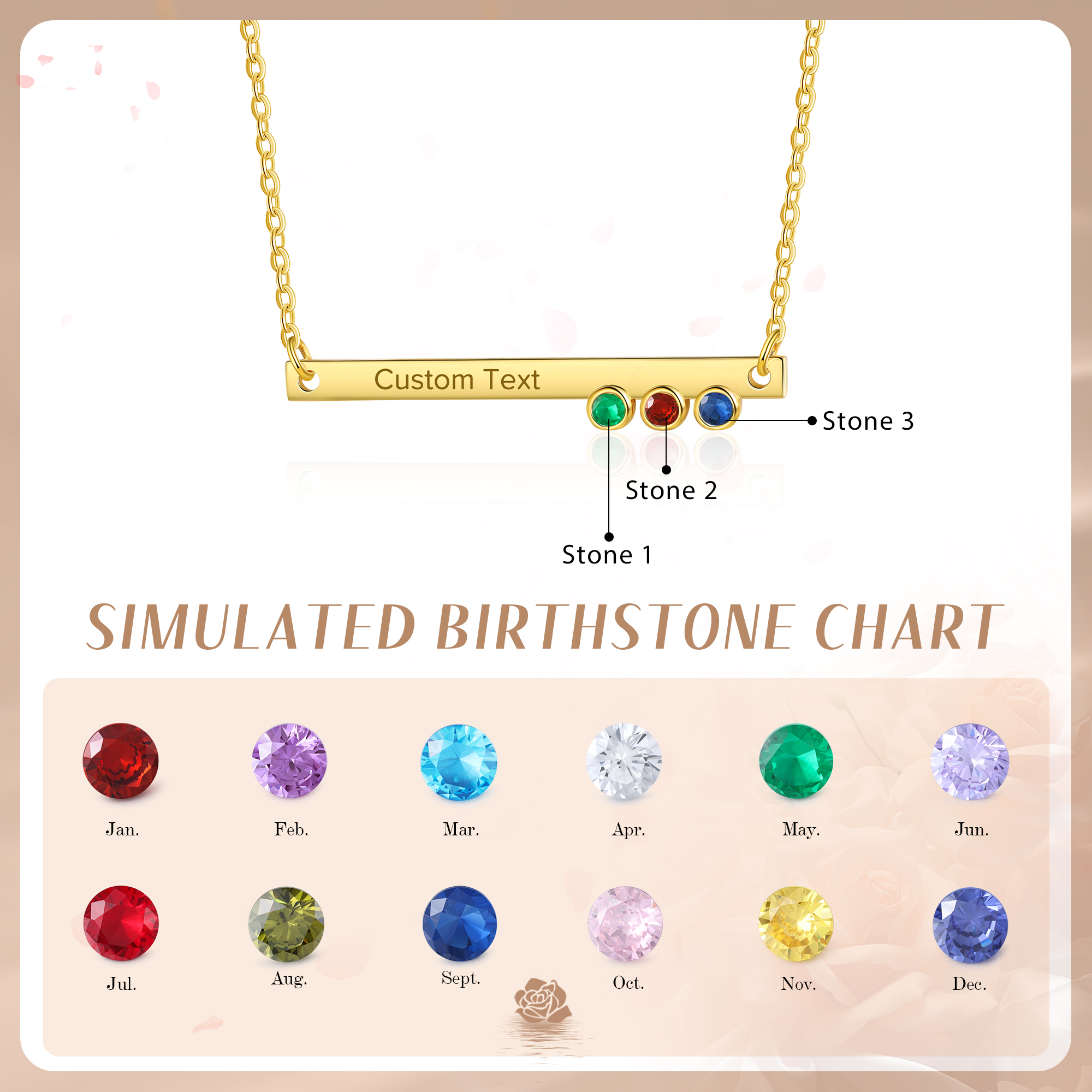 Personalised Bar Necklace Custom 1 Text & 3 Birthstones Necklace Gift for Her-Jessemade AU