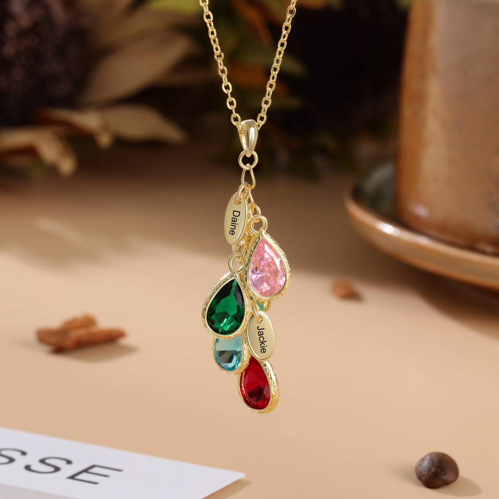 Personalised Leaf Necklace With 4 Heart Birthstones Engraved Names Gift For Her-Jessemade AU