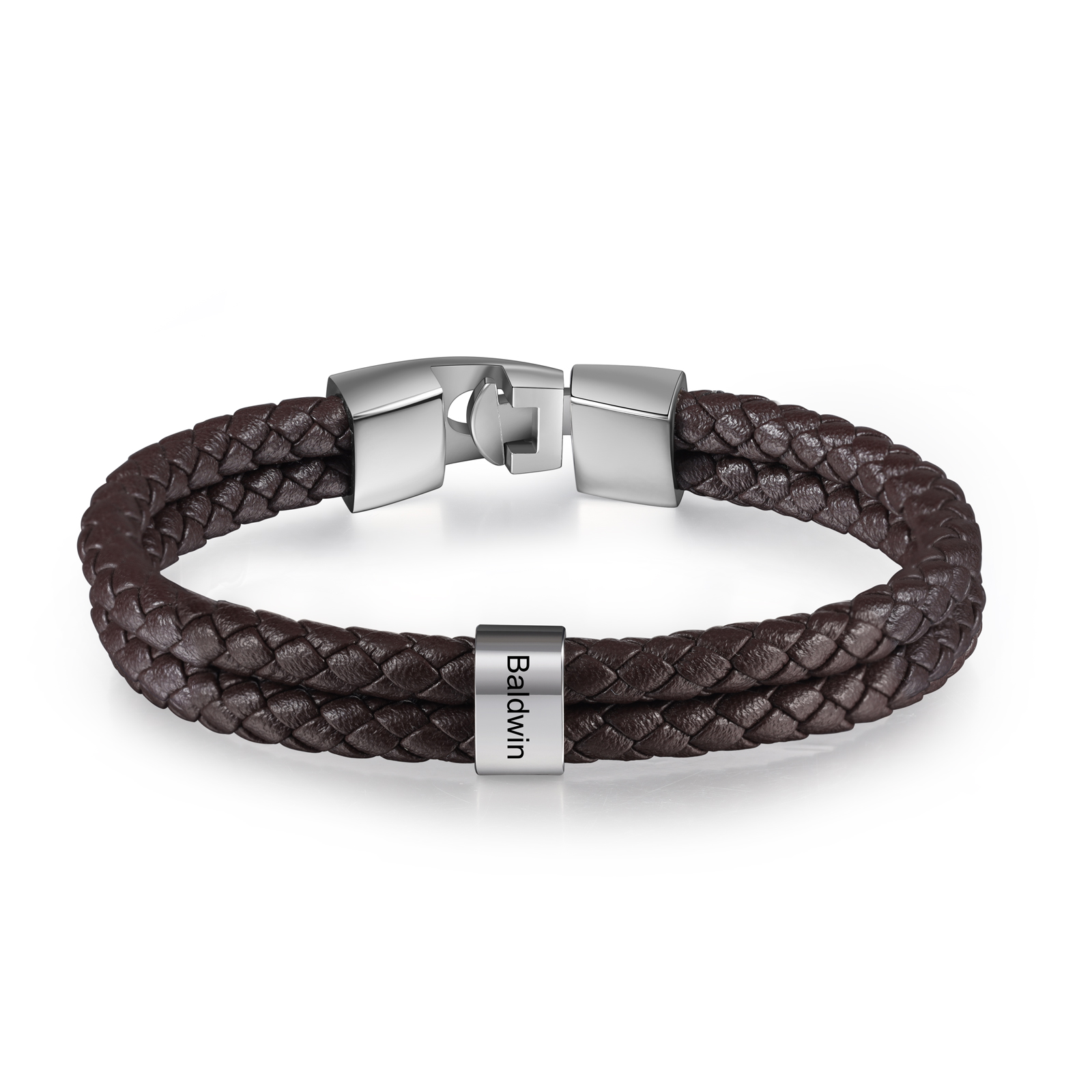 Brown Personalised Double Layered Braided Leather Bracelet Engraved 1 Name Mens Bracelet for Him-Jessemade AU