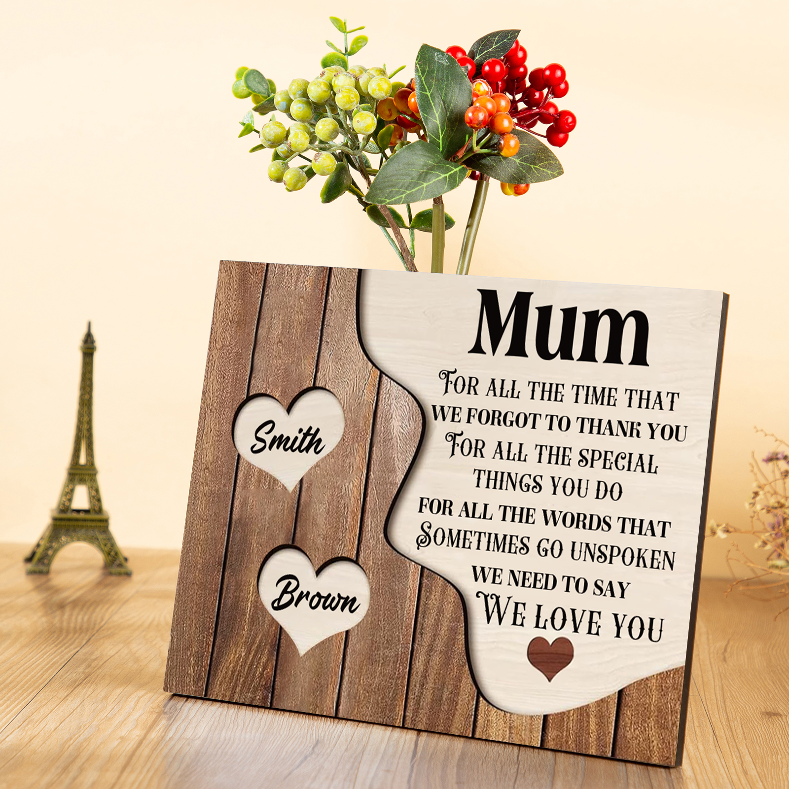2 Names - Personalised Mum Wooden Plaque Custom Names Home Decoration Hearts Gift for Mother-Jessemade AU