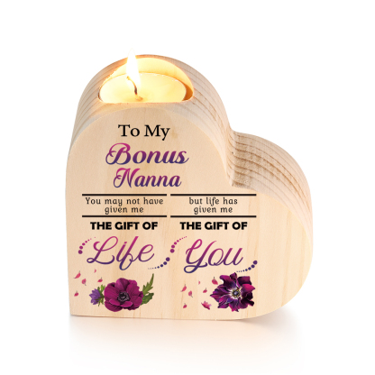 To My Bonus Nanny/Grandma/Nan Violets Heart Candlestick "Life Gave Me The Gift of You" Wooden Candle Holder-Jessemade AU