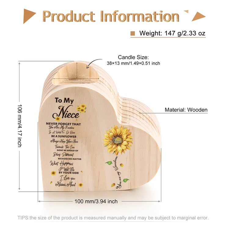 To My Niece Heart Candle Holder Kisses, Aunt Custom Name Wooden Sunflower Candlestick-Jessemade AU