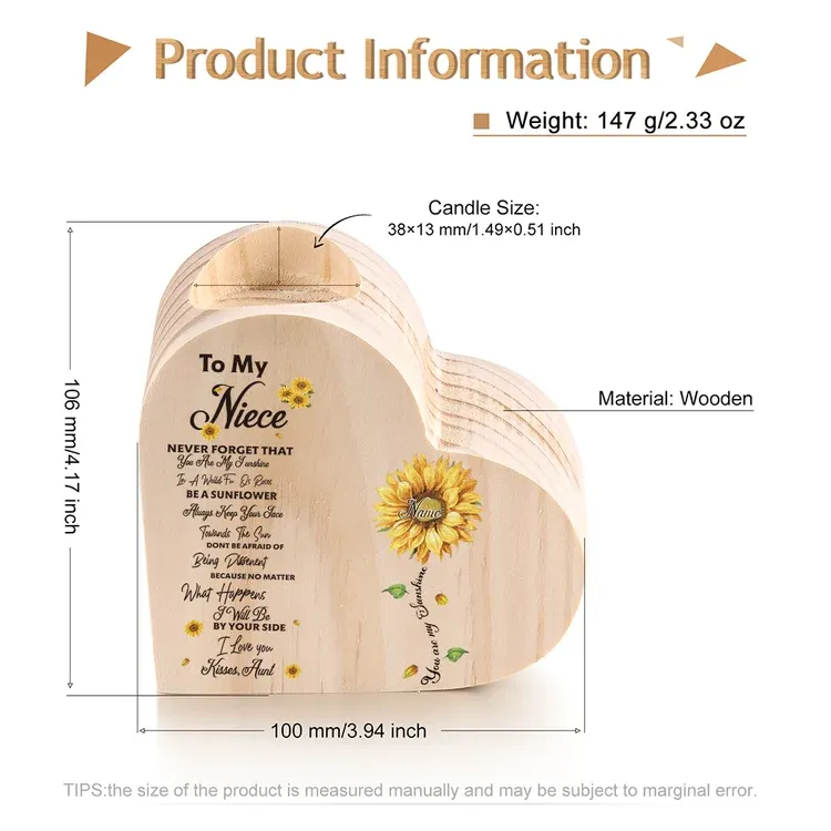 To My Niece Heart Candle Holder Kisses, Aunt Custom Name Wooden Sunflower Candlestick-Jessemade AU